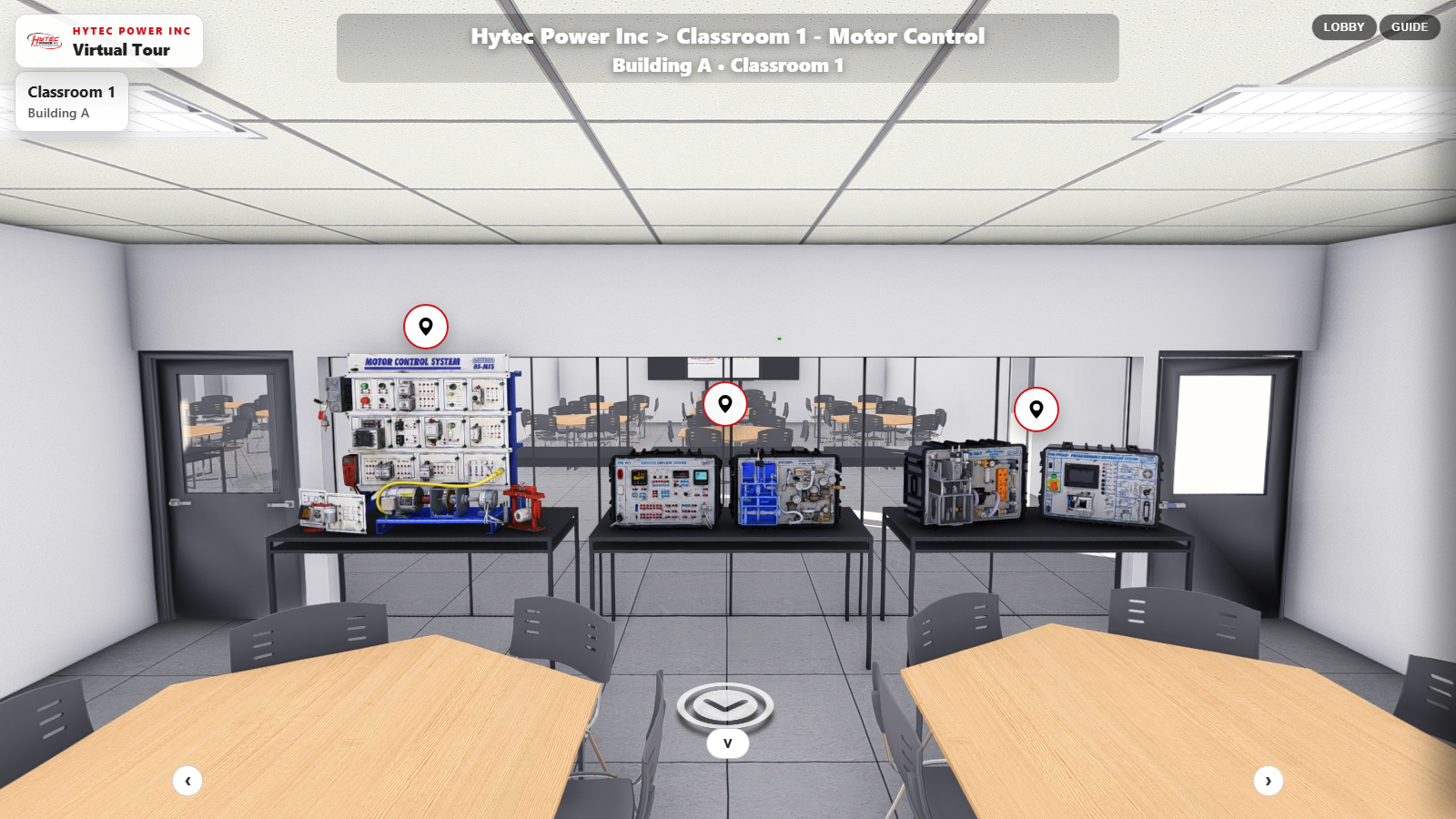 Hytec Power Inc. virtual tour scene showing the interactive classroom environment
