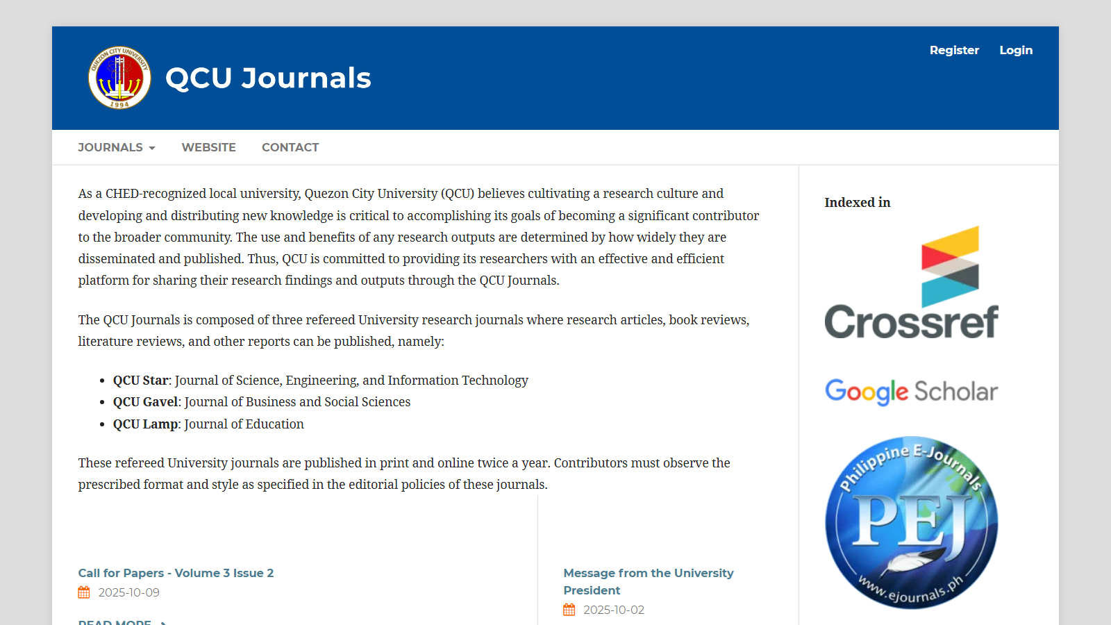 QCU Journals preview showing the academic publishing platform interface