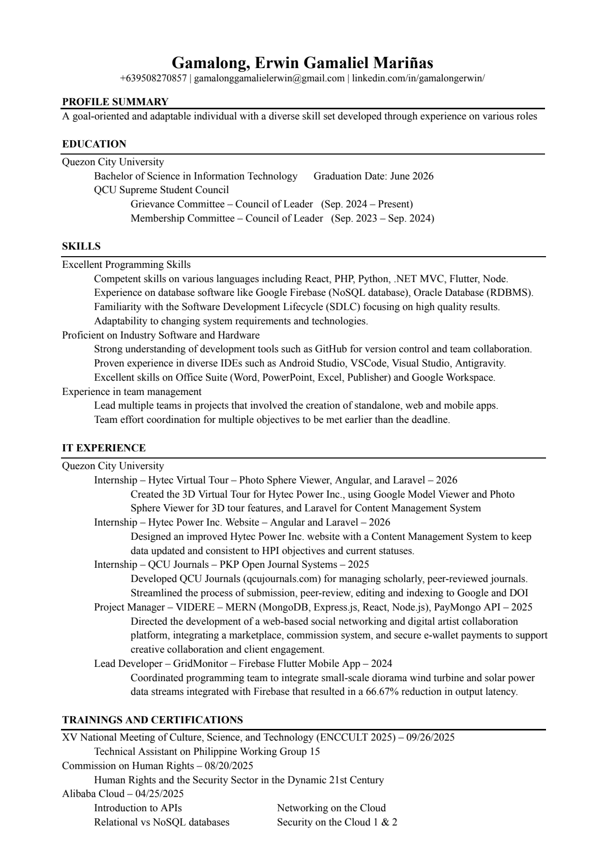 Preview of Erwin Gamaliel Gamalong's resume